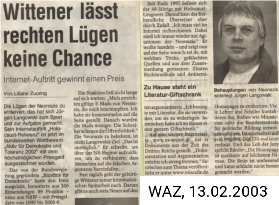 Ein mehrspaltiger Zeitungsartikel mit dem Titel „Wittener lässt rechten Lügen keine Chance“, mit Foto des Preisträgers.