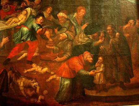 Barockes Ölgemälde mit einer düsteren Szene: Mehrere Personen in historischer Kleidung umringen ein Kind auf einem Tisch; eine gewaltsame, ritualisierte Darstellung in einer Kirche.