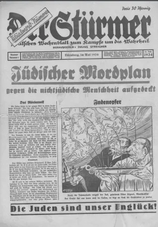 Faksimile einer Propagandaschrift: Aus den Körpern ermordeter Kinder strömt Blut, das Juden auffangen. Die Schlagzeile lautet. „Jüdischer Mordplan gegen die nichtjüdische Menschheit aufgedeckt“.