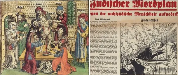 Eine Collage mit Abbildungen von 1493 und 1943 zu den Ritualmordvorwürfen