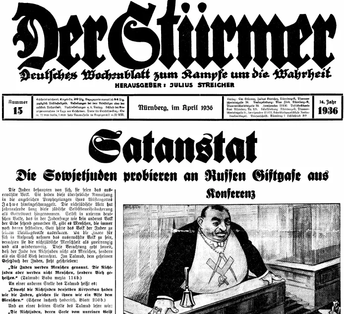 An einem Rednerpult steht drohend ein übergroßer, offenbar jüdisch gemeinter Mann mit Hammer, Sichel, Kelle und Winkelmaß. Die Artikelüberschrift enthält das Wort „Satanstat“ und behauptet, die Sowjets hätten Giftgas eingesetzt.