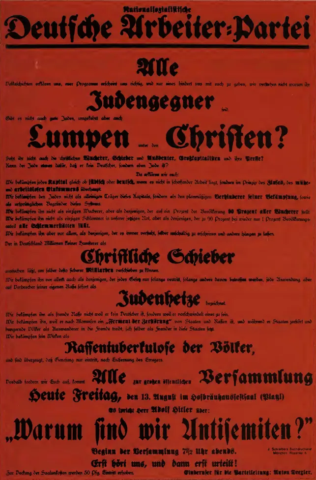 Leuchtend rotes Plakat mit schwarzer Frakturschrift: „Warum wir Antisemiten sind“.