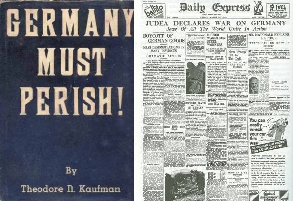 Das Cover von Theodore N. Kaufman, „Germany must Perish“, und die Titelseite des Daily Express vom 24..3.1933 mit der Schlagzeile „Judea Declares War on Germany“