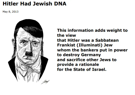 Überschrift (übersetzt): Hitler hatte jüdische DNA. Links darunter ein Bild, das Hitler mit den langen Schläfenlocken orthodoxer Juden zeigt. Rechts daneben die Behauptung, Hitler habe im Auftrag von Bankiers andere Juden geopfert, um den Staat Israel gründen zu können.