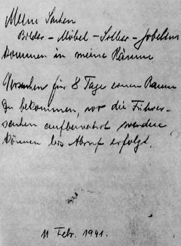 Faksimile von Görings handschriftlicher Notiz: Verschiedene Beutestücke für ihn selbst, einige andere für den Führer
