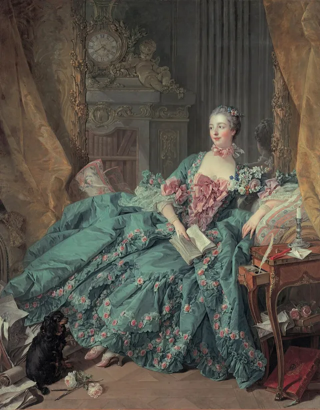 Das Gemälde zeigt die Marquise von Pompadour in entspannter Haltung halb sitzend auf einem Sofa mit einem Buch in der Hand.