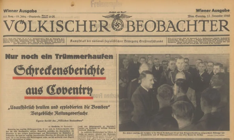 Rechts Foto: Hitler empfängt einige Arbeiter; links die Schlagzeile „Schreckensberichte aus Coventry“.