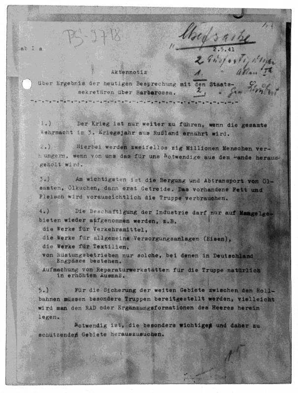Faksimile des sogenannten „Hungerplans“