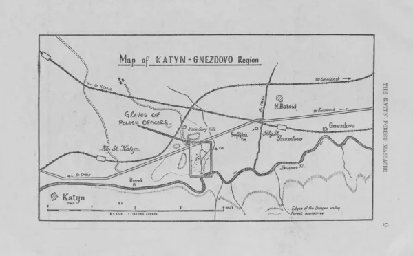 Alte Karte der Umgebung von Katyn mit Orten, Straßen, Fluss und Bahnlinie. Die Lage der Gräber der polnischen Offiziere ist von Hand nachgetragen.