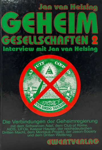 Grün auf schwarzem Grund Titel und Autor. In der unteren Hälfte ein roter Kreis mit einem roten X. Unter dem X ist das Siegel der USA wie auf dem Dollarschein zu sehen: Grüne Pyramide mit dem Auge der Vorsehung, rundherum der Text Annuit Coeptis und Novus Ordo Seclorum.