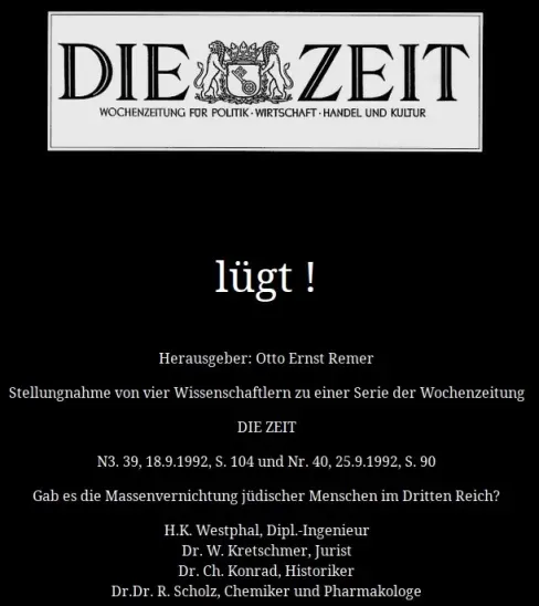 Oben Screenshot von einer Seite der ZEIT, darunter das Wort „lügt“. Wieder darunter einige Veröffentlichungsdaten der betroffenen ZEIT-Artikel, und dann die Namen der vier angeblichern „Wissenschaftler“.