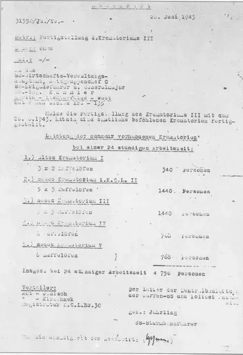 Ein altes Dokument aus Auschwitz, das die Kapazitäten der Krematorien auflistet und zu einer Gesamtleistung von 4756 Kremierungen pro 24 Stunden kommt.