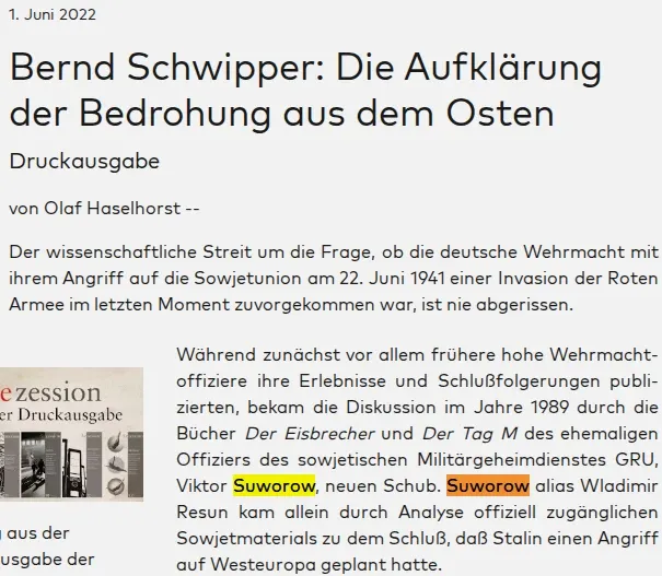 Screenshot der Publikation „Sezession“ mit einem Artikel von Olaf Haselhorst. Der Name „Suworow“ ist im Text hervorgehoben.