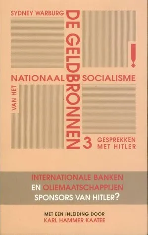 Gelborangefarbener Hintergrund, darauf wie ein Hakenkreuz angeordnet in Rot die niederländische Beschriftung „Sidney Warburg“ und der Titel. Unten wird der Herausgeber Karl Hammer Kaatee genannt.