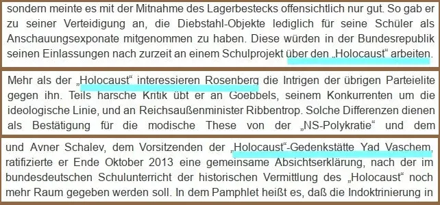 Mehrere Screenshots der Website, die das Wort „Holocaust“ in Anführungszeichen zeigen.
