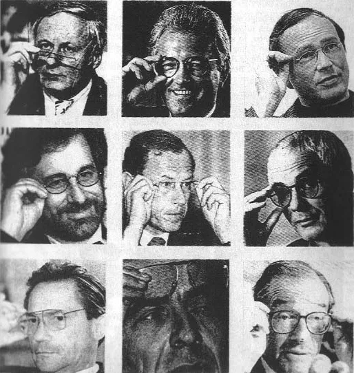 Neun Fotos bekannter Personen, die zu ihrer Brille greifen, darunter Oskar Lafontaine, Steven Spielberg, Jürgen Schrempp, Hartmut Griesmayr, Alexander von Stahl, Alan Greenspan.