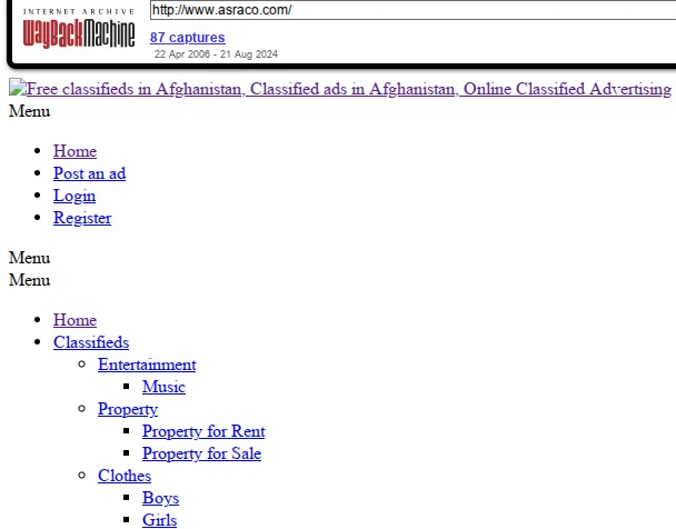 Screenshot der WaybackMachine mit dem Menü eines Kleinanzeigenportals