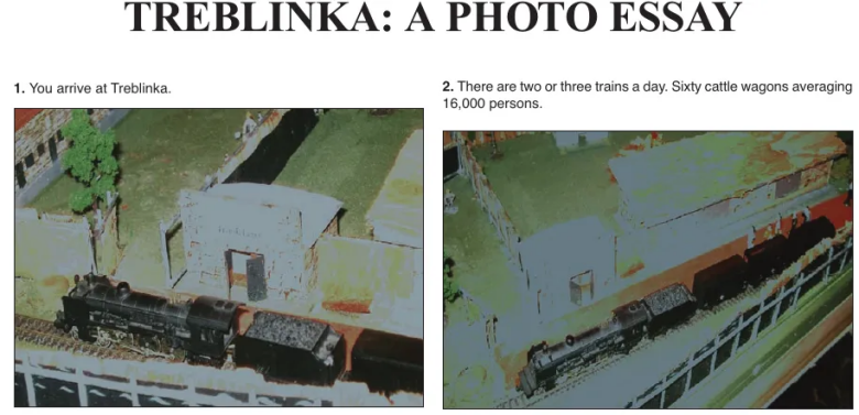 Zwei Bilder zeigen eine Modell-Dampflok mit Tender und Waggons vor Modellbauten, die Treblinka darstellen sollen. Bildüberschriften: 1. Du kommst in Treblinka an. 2. Es gibt zwei oder drei Züge am Tag. Sechzig Viehwaggons befördern im Durchschnitt 16.000 Personen.