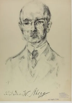 Eine Kreidelithografie von Wilhelm Abegg, angefertigt von Emil Stumpp 1924; Porträt mit Unterschrift auf dunkel-beige gealtertem Papier.