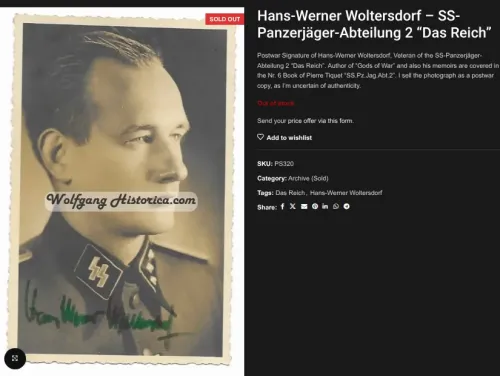Links Autogrammkarte mit schwarzweißem Brustbild von Hans-Werner Woltersdorf in SS-Uniform mit grüner Unterschrift, rechts die Shop-Angaben zur Bestellung..