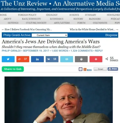 Screenshot einer Artikelseite von The Unz Review, unter der Überschrift ein Porträt des lächelnden Autors, der mit einem Finger auf seine Schläfe zeigt.