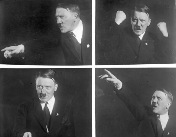 Eine Collage von vier Schwarzweißbildern. Hitler in Schlips und Kragen zeigt erregt mit ausgestrecktem Arm nach unten, hebt beide Fäste, spricht etwas ruhiger mit gesenktem Kopf und schräg nach oben gerichtetem Blick, und zeigt mit ausgestrecktem nach oben.