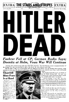 Oben große Schlagzeile: HITLER DEAD. Darunter kleiner, dass der „Führer“ laut deutscher Radiomeldungen gefallen sei, und das Doenitz das Ruder übernommen habe.
