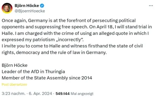 Björn Höcke beklagt Zensur, weil er ein „angebliches“ Zitat benutzt habe, und lädt alle ein, nach Halle zu kommen, um den Zustand der Bürgerrechte, die Demokratie in Deutschland und die Rechtsstaatlichkeit zu besichtigen.