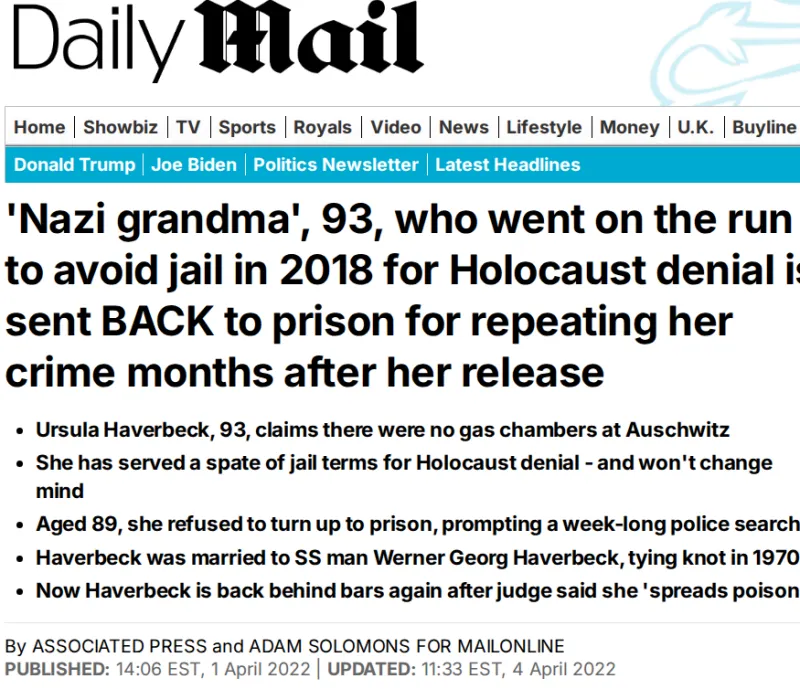 Schlagzeile der Daily Mail über die „Nazi-Oma“ Haverbeck, die wegen Holocaustleugnung erneut eingesperrt werden sollte.