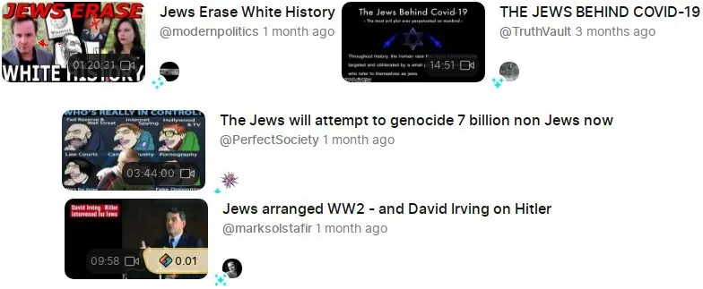 Colalge von rassistischen und antisemitischen Postings auf odysee.com; unter anderem die Behauptung, dass Juden angeblich 7 Milliarden Nichtjuden ermorden wollten.