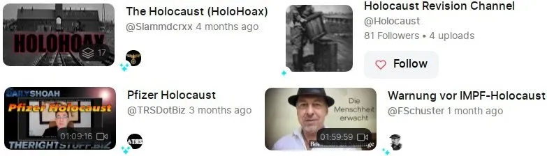 Mehrere Screenshots vom Portal Odysee, die den Holocaust leugnen oder verharmlosen, indem sie in etwa mit der Formulierung Pfizer Holocaust auf Impfungen beziehen.