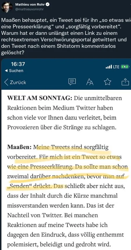 Screenshot des Tweets, in dem Maaßen erklärt, wie gründlich er sich vorbereitet. Der relevante Text ist mit gelbem Marker hervorgehoben.