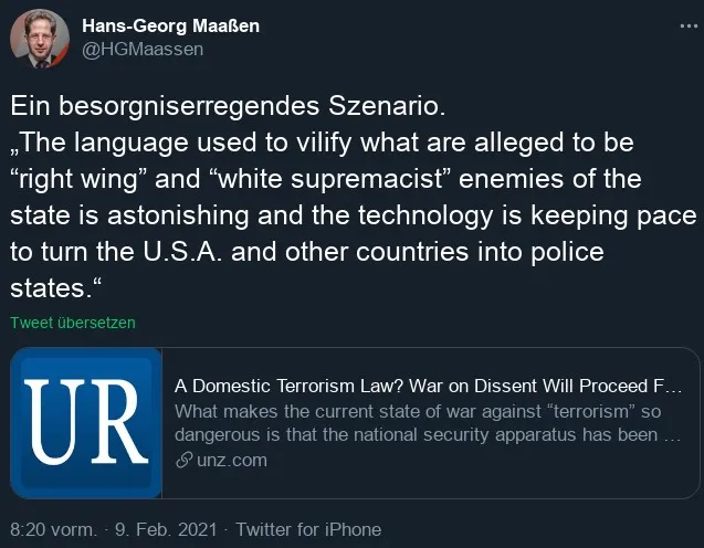 Screenshot des Twitter-Postings. Unter Maaßens eigenem Text sehr groß das Logo von The Unz Review und der Titel des verlinkten Artikels.