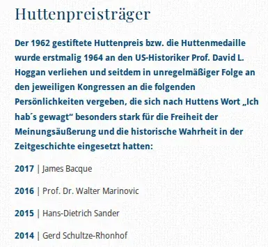 Ausschnitt einer Liste von Hutten-Preisträgern, auf der David Hoggan und Schultze-Rhonhof untereinander stehen