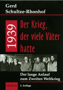 Schwarzer Hintergrund, oben in Weiß der Name des Autors. Darunter in Rot der Buchtitel, links daneben in Rot und senkrecht die Jahreszahl 1939 weiß auf rot. Darunter ein Foto, das Hitler, Chamberlain, Daladier, Mussolini und Ciano zeigt. Ganz unten weiß auf schwarz „Der lange Anlauf zum Zweiten Weltkrieg“.
