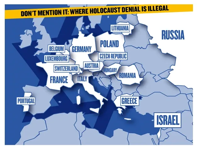 Eine Europakarte mit blau eingezeichneten Ländern. Weiß hervorgehoben die Staaten, in denen Holocaustleugnung strafbar ist. Oben quer ein Banner, schwarze Schrift auf gelbem Grund, mit der Aufschrift (übersetzt): Erwähnt es nicht: Wo Holocaustleugnung illegal ist.