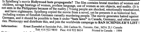 Ausschnitt aus einem eng beschriebenen Flugblatt von Zündel. Er fordert, den Film Schindlers Liste zu verbieten.