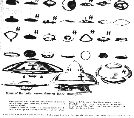 Die Bestimmungstabelle für Nazi-UFOs zeigt verschiedene Typen, viele sind mit SS-Runen markiert. Darunter steht „Einige der bekannteren deutschen UFO-Typen“ und weiterer beschreibender Text, der im Folgenden transkribiert ist.