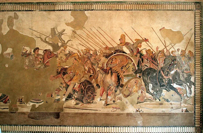 Das Alexandermosaik stellt eine kriegerische Szene mit Reitern und Fußsoldaten dar.