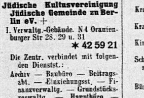 Kleiner Auszug aus dem Telefonbuch: Jüdische Kultusgemeinde zu Berlin e.V.