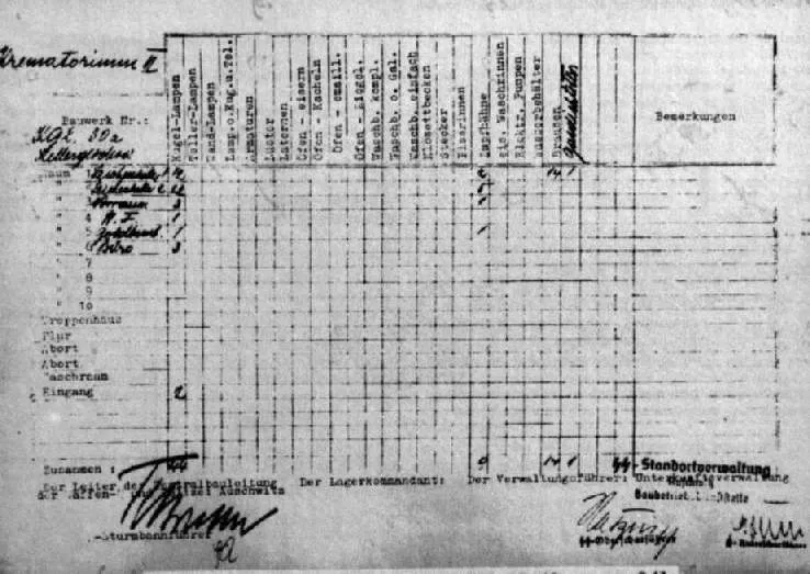 Oben quer Spalten für verschiedene Materialarten, links in den Zeilen handschriftliche Eintragungen zu den Arbeiten, unten mehrere Unterschriften und der Stempel der SS-Standortverwaltung.