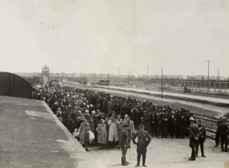 Links die Dächer einiger Eisenbahnwaggons. Davor stehen viele Menschen mit Gepäck in einer Schlange. Vor ihnen mehrere Uniformierte. Im Hintergrund das Lagertor von Auschwitz mit der Einfahrt.