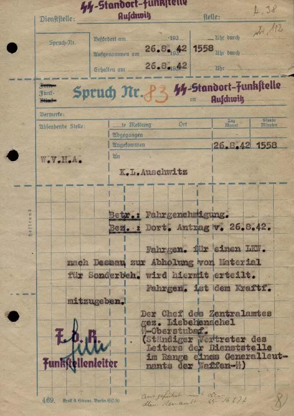 Faksimile Funkspruch 83, überwiegend schwarze Schreibmaschinenschrift auf vergilbtem Untergrund. Absender war das Reichssicherheitshauptamt, Empfänger die Funkstelle Auschwitz.