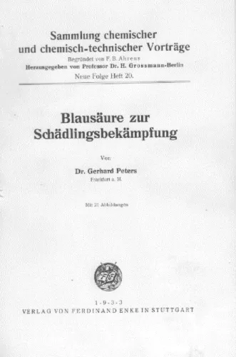 Faksimile des Hefts „Blausäure zur Schädlingsbekämpfung“, oben Autor und Titel, unten das Erscheinungsjahr 1933 und das Wappen des Verlags.