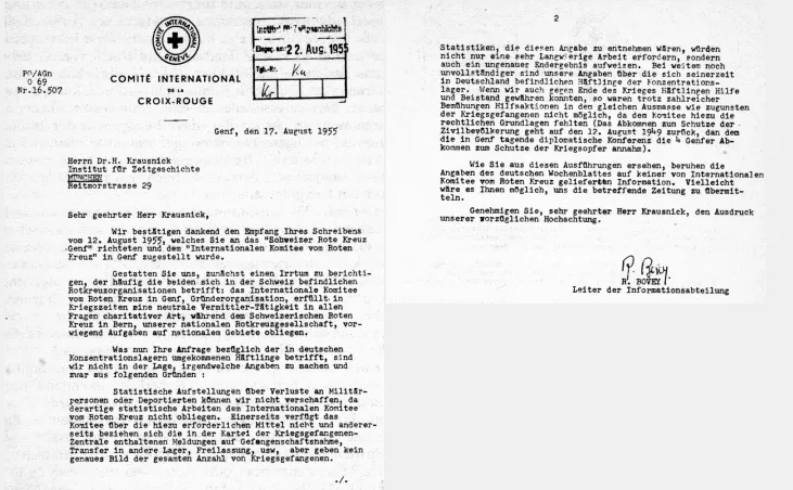 Faksimile: Ein doppelseitiges Schreiben vom internationalen Komitee des Roten Kreuzes, oben mit Siegel der Organisation und Eingangsstempel des Instituts für Zeitgeschichte. Als Empfänger direkt angesprochen ist der Historiker Krausnick, der beim Roten Kreuz angefragt hat.
