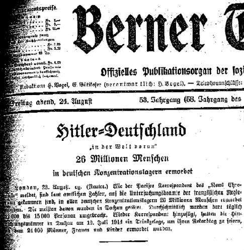 Ein Faksimile des Titelblatts. Name der Zeitung oben halb abgeschnitten in Fraktur, darunter die Datumszeile, wieder darunter „Hitler-Deutschland“ ebenfalls in Fraktur als Hauptüberschrift. Transkription folgt unten.