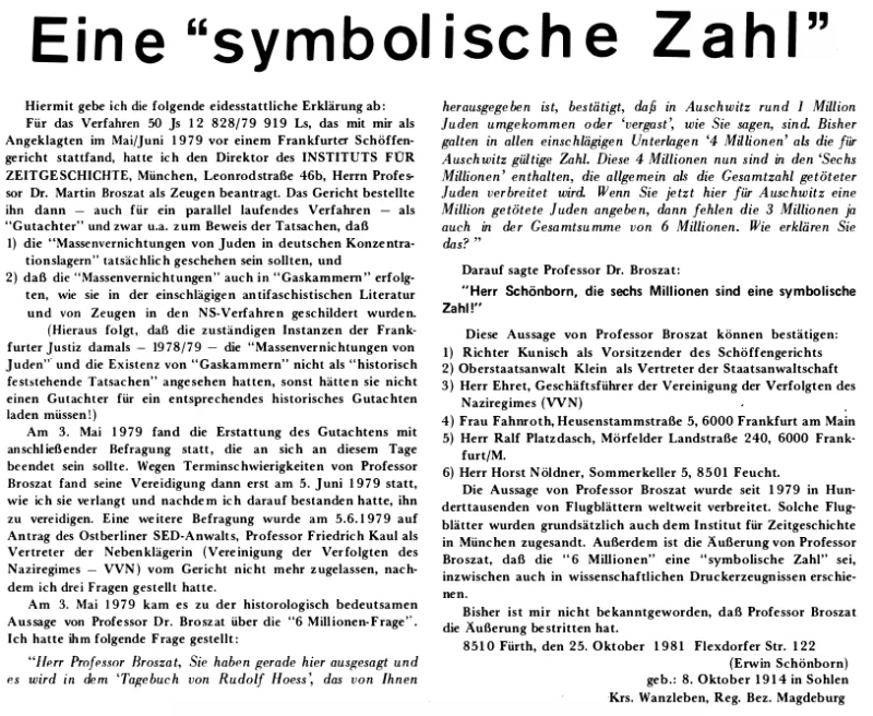 Zweispaltige Überschrift, darunter der Text der Erklärung wie im Zeitungssatz.